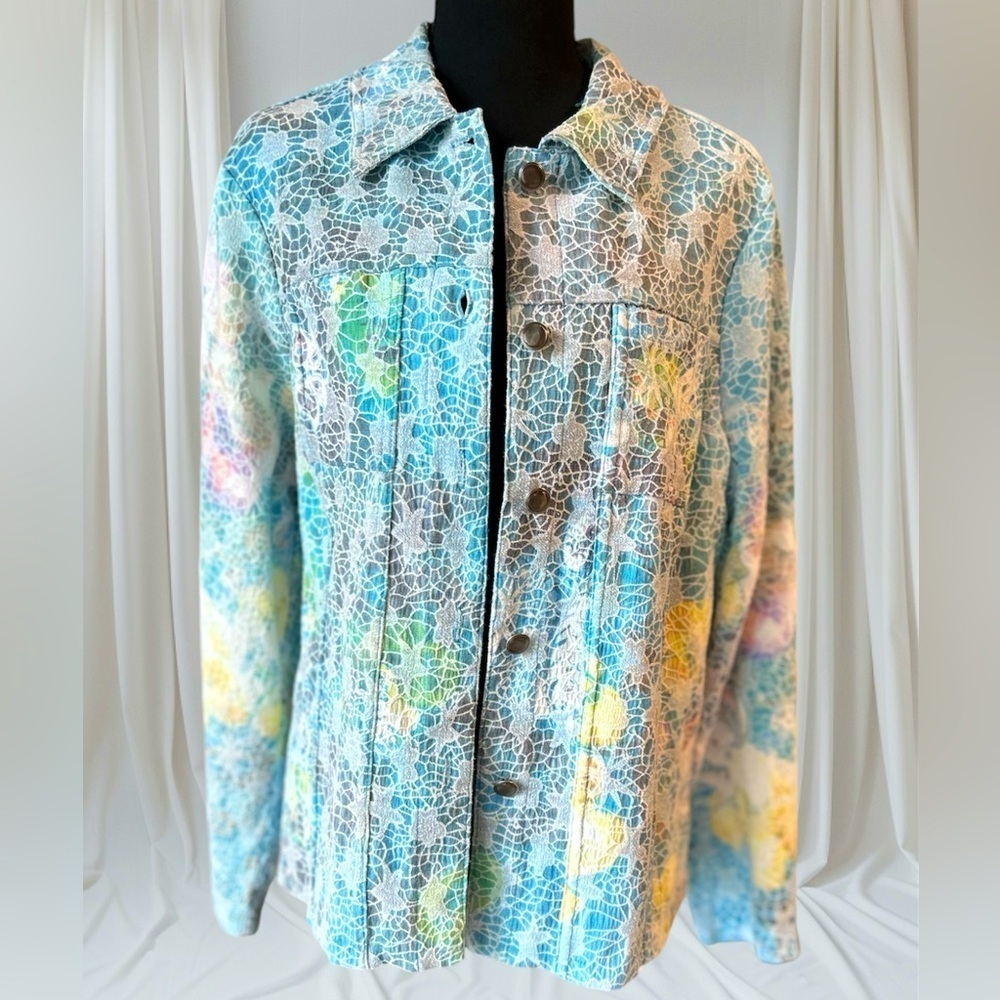 Kaktus Textured Pastel Peacock Jean Jacket Metal Buttons L Art to Wear Colorful